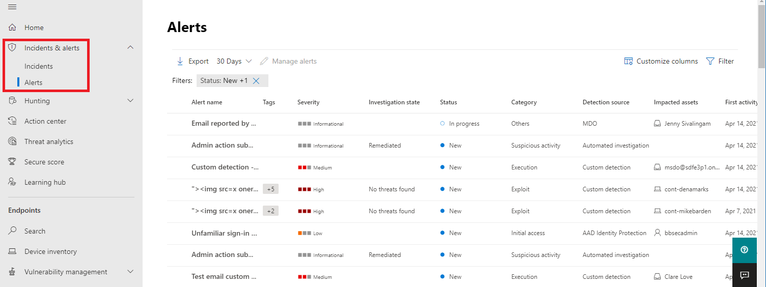 The Alerts section in the Microsoft 365 Defender portal