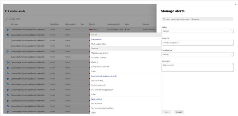 Screenshot of managing related alerts in the Microsoft 365 Defender portal