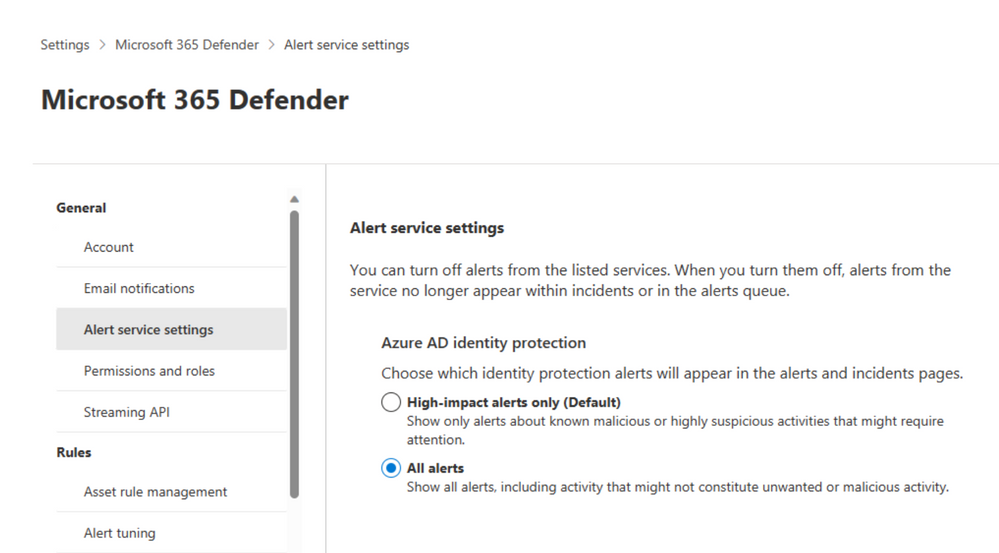Screenshot of Microsoft Entra ID Protection alerts setting in the Microsoft Defender portal.