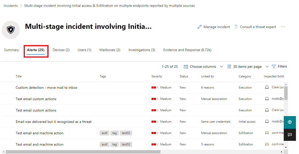 The Alerts pane for an incident in the Microsoft 365 Defender portal