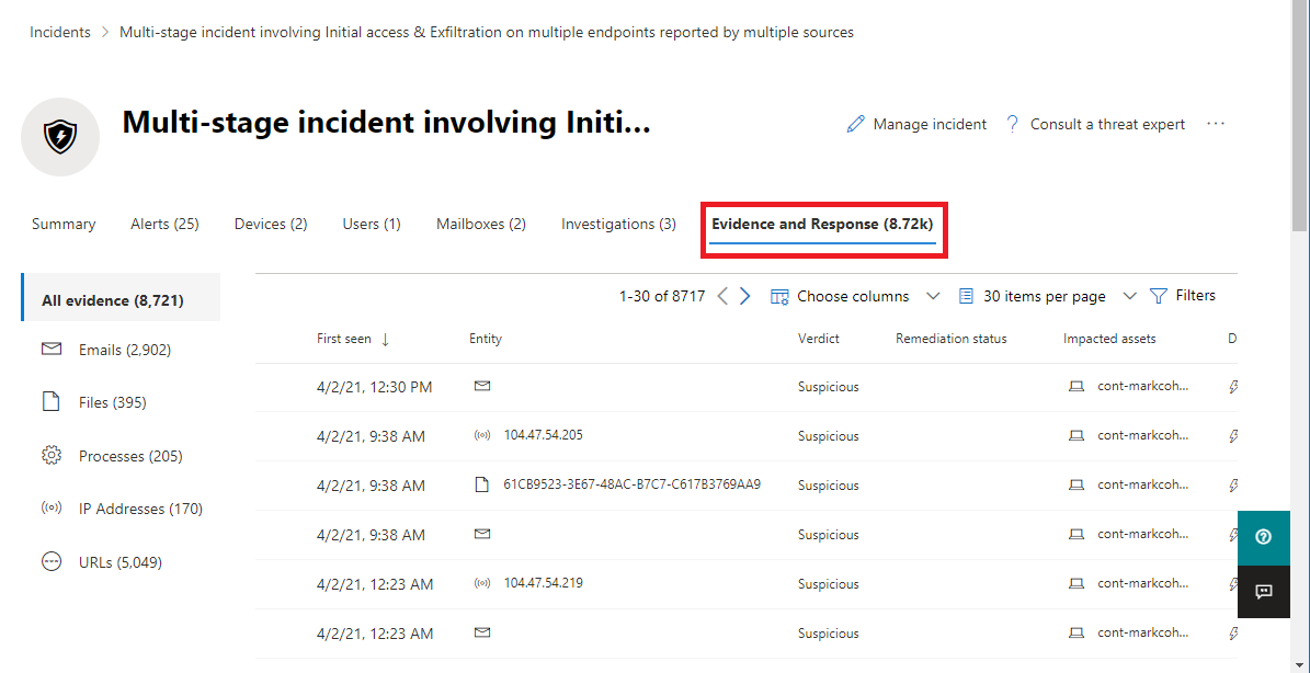 The Evidence and Response page for an incident in the Microsoft 365 Defender portal