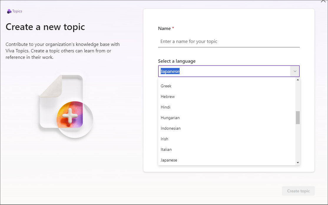 Screenshot of the pane to choose your topic name and language.