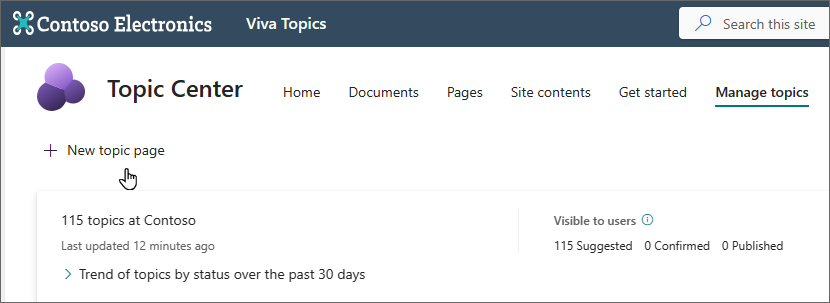 Screenshot of the Manage topics page with New topic page selected.