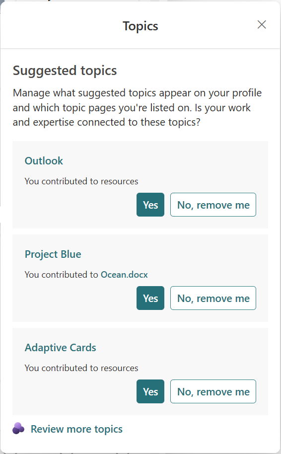 Screenshot of the Topics Contribute card quick view.
