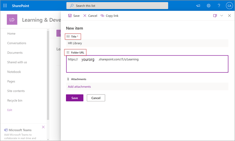New item panel in SharePoint showing the Title and Folder URL fields.