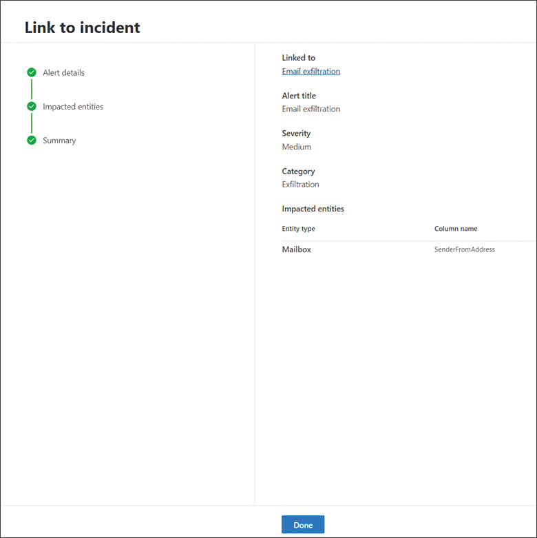 The results page in the Link to incident section in the Microsoft 365 Defender portal
