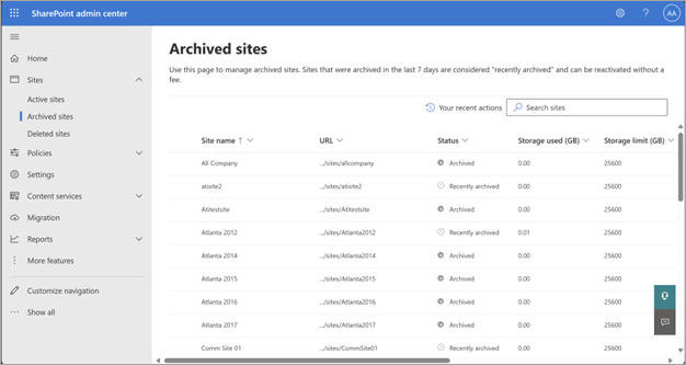 Screenshot of the Archived sites page in the SharePoint admin center.