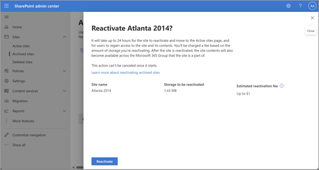 Screenshot of an example site that you are reactivating in the SharePoint admin center.