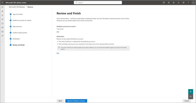 Screenshot showing the Review and finish page for OneDrive.