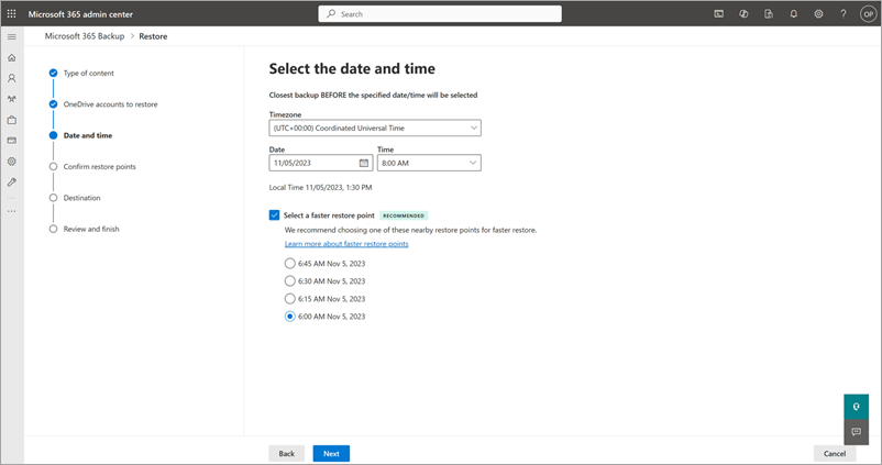 Screenshot showing the Select a faster restore point option for OneDrive.