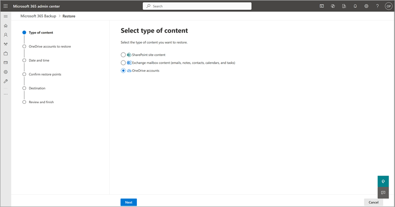 Screenshot showing the Select type of content page with OneDrive accounts selected.