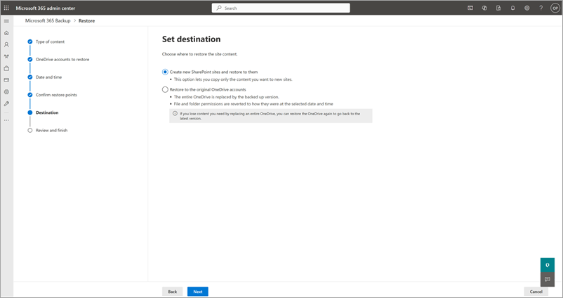Screenshot showing the Select destination page and options for OneDrive.