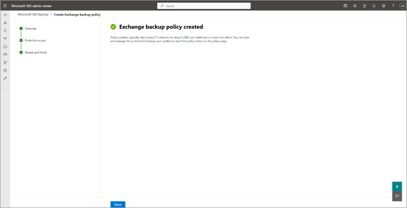 Screenshot of the Exchange backup policy created page.