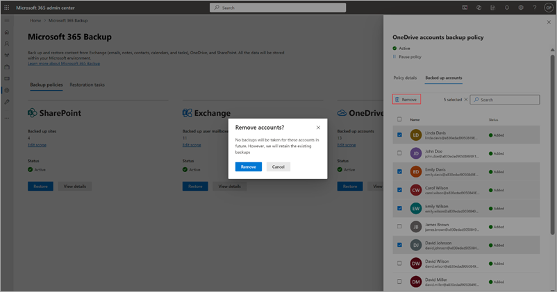 Screenshot showing how to remove user accounts from OneDrive backup policy in the Microsoft 365 admin center.