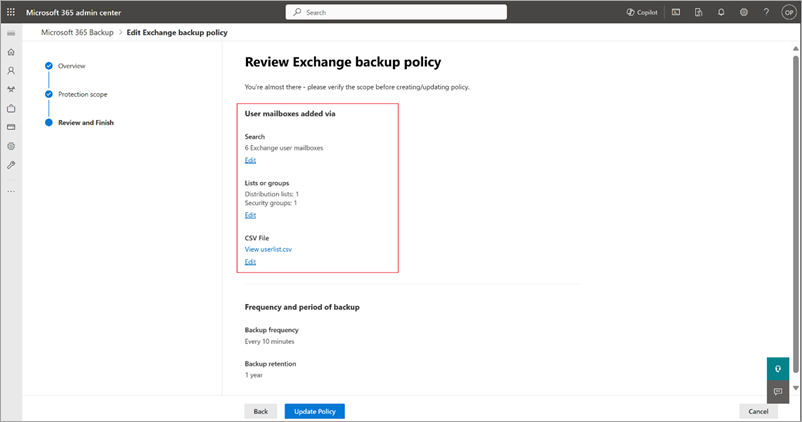 Screenshot of the Review Exchange backup policy page.