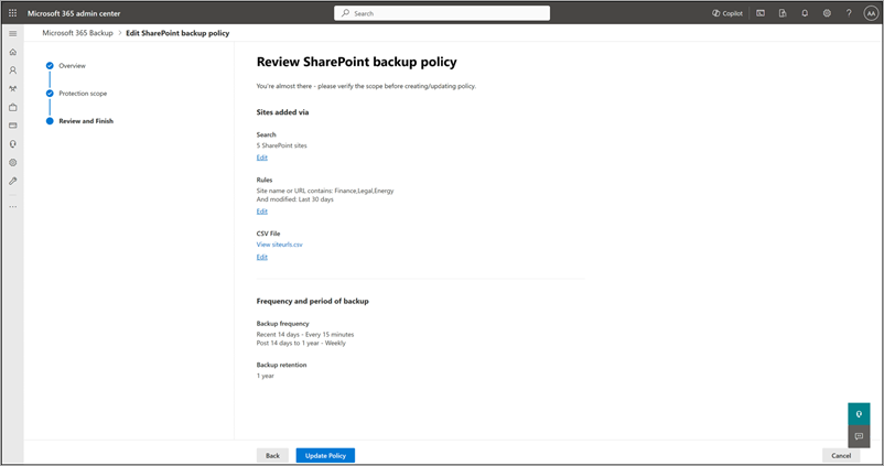 Screenshot of the Review SharePoint backup policy page.