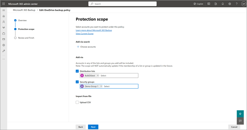 Screenshot of the Add via Distribution lists and Security groups on the Protection scope page for OneDrive.