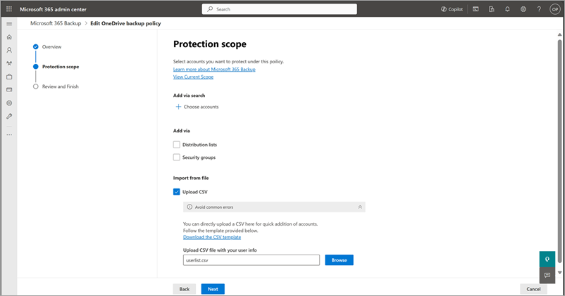 Screenshot of the Import from file section on the Protection scope page for OneDrive.
