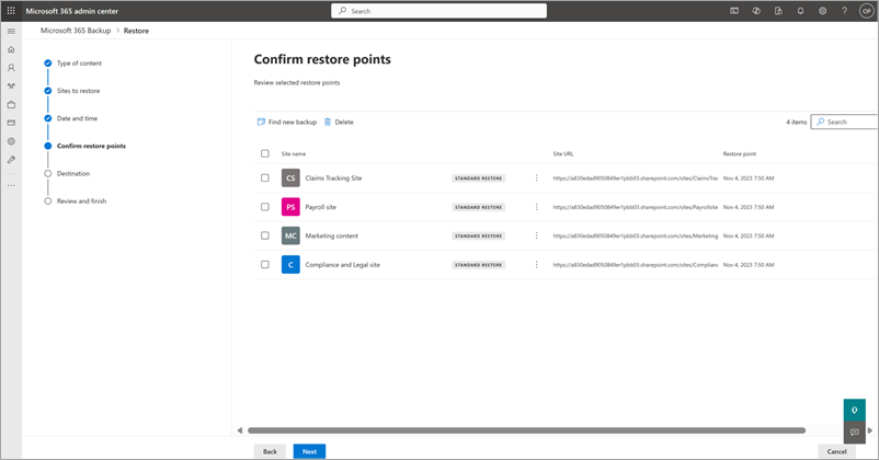 Screenshot showing the Confirm restore points page for SharePoint.