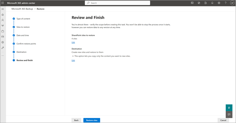 Screenshot showing the Review and finish page for SharePoint.