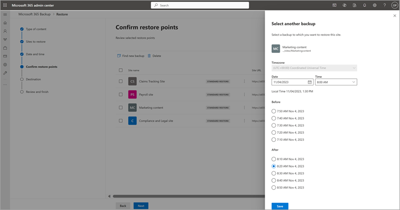 Screenshot showing the Select another backup panel for SharePoint.