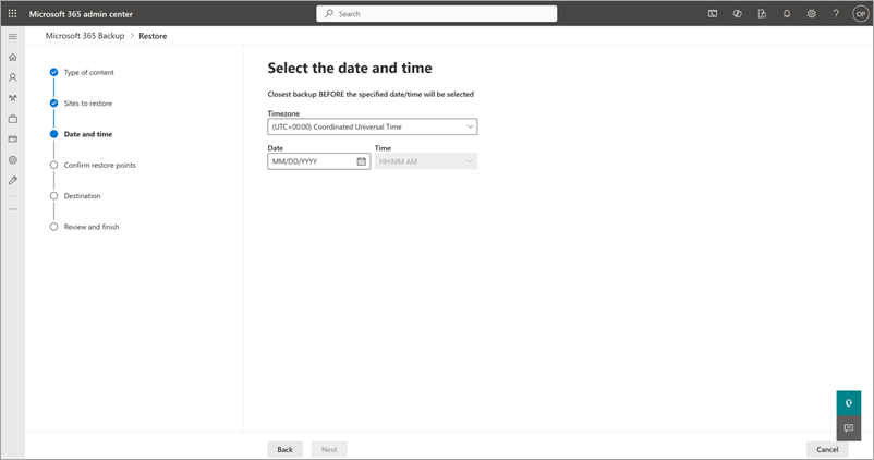 Screenshot showing the Select the date and time page for SharePoint.
