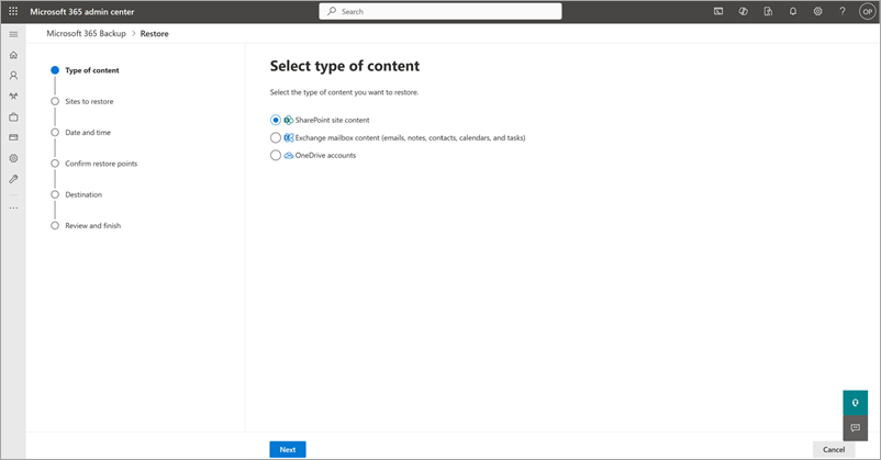 Screenshot showing the Select type of content page with SharePoint site content selected.