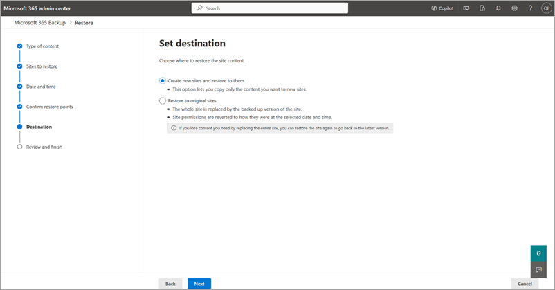 Screenshot showing the Select destination page and options for SharePoint.