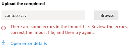 CSV import error message.