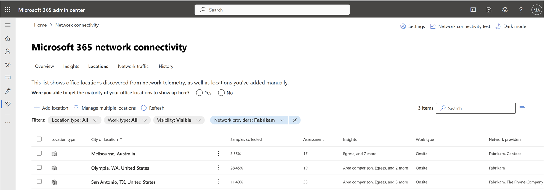 Screenshot of the network providers by location page in the admin center.