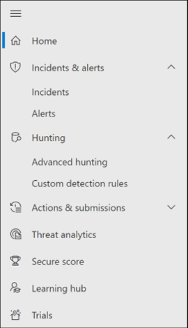 Alerts and Actions quick launch bar in the Microsoft 365 Defender portal.