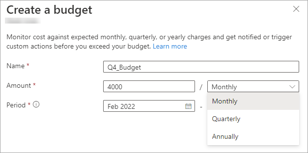 The expanded budget details window in the Microsoft 365 admin center.
