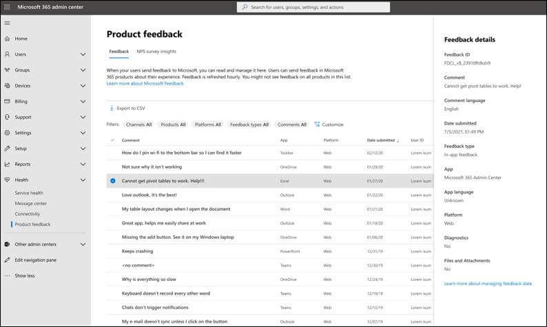 Product feedback in the Microsoft 365 admin center
