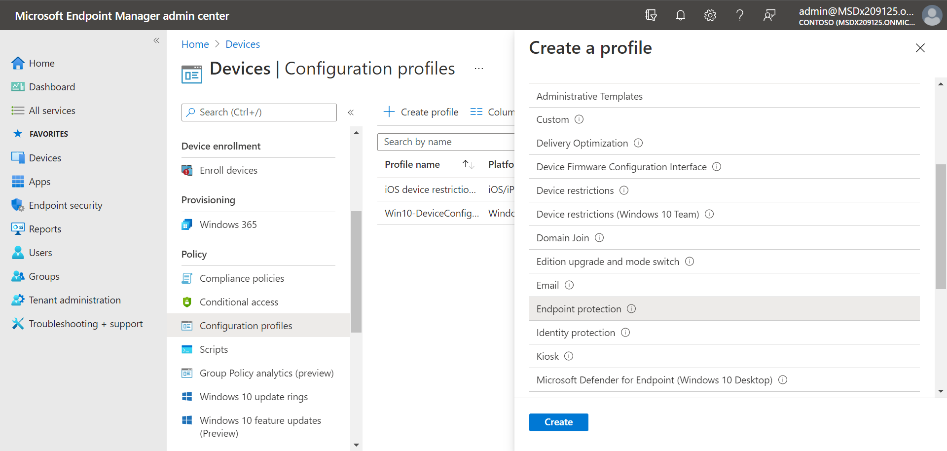 Endpoint protection profile in the Intune portal
