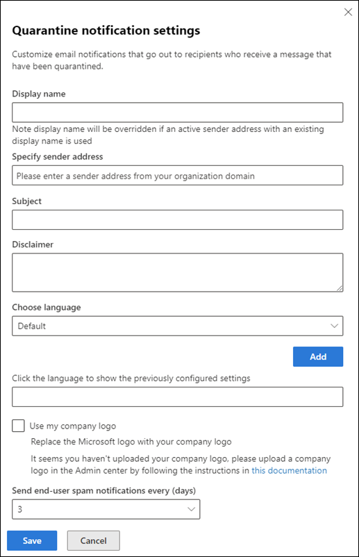 Quarantine notification settings flyout in the Microsoft Defender portal.