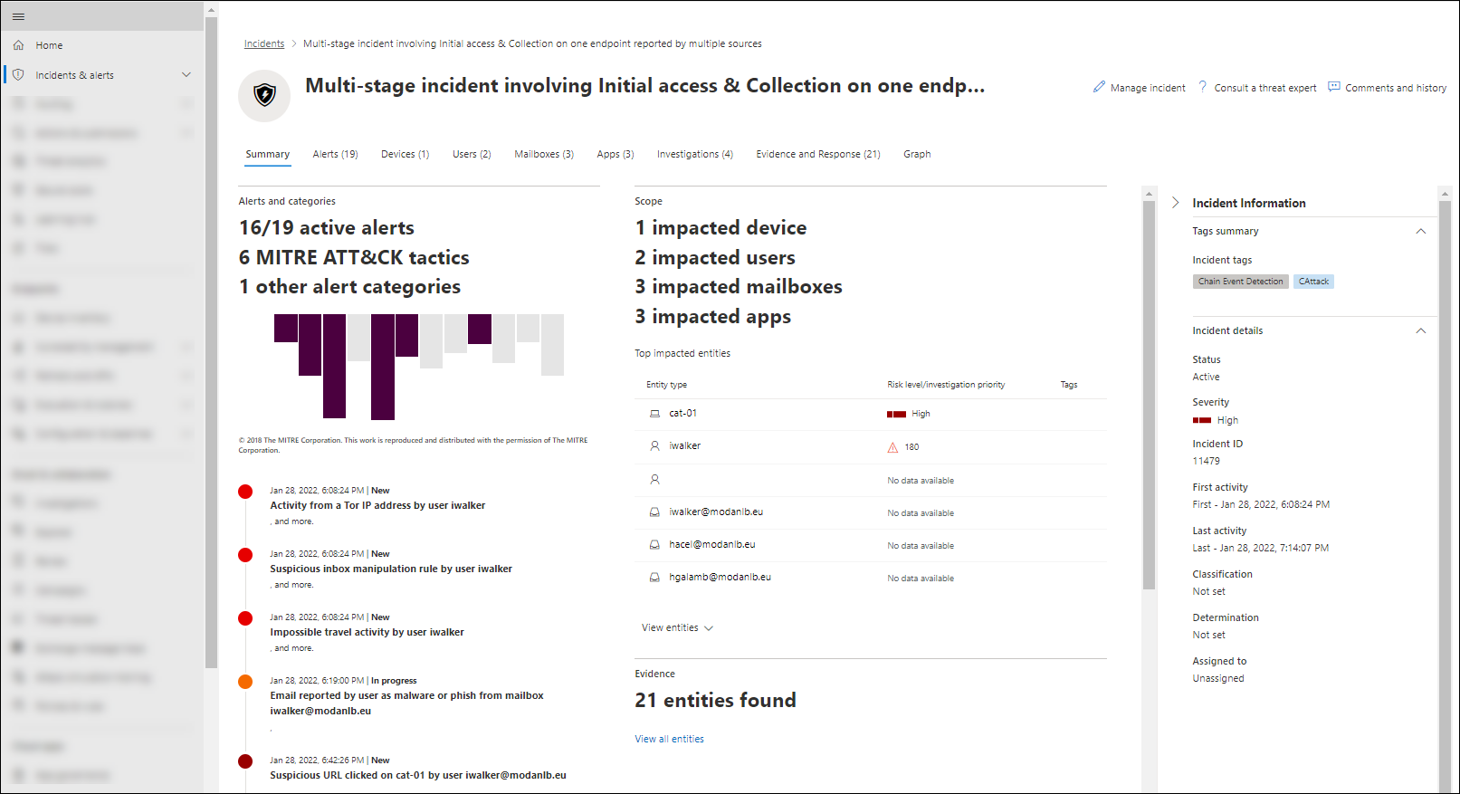 Summary tab of the incident details in the Microsoft 365 Defender portal.