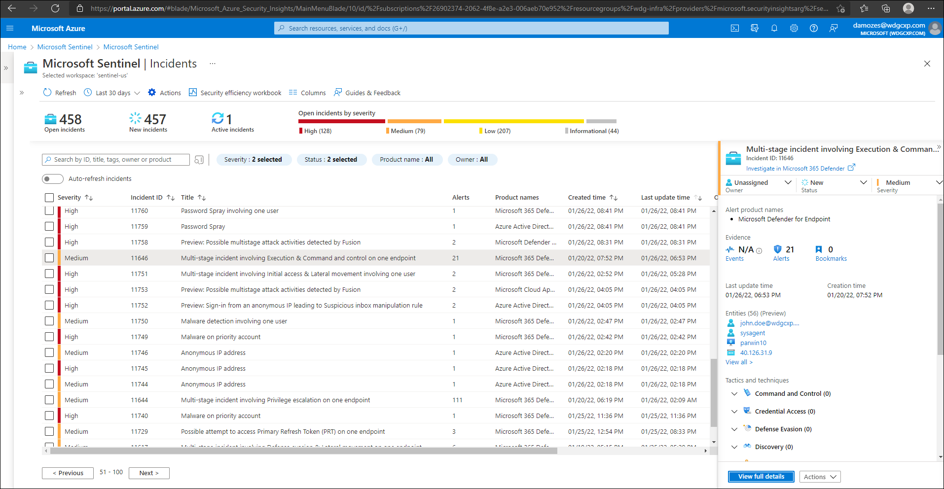 Incidents page in Microsoft Sentinel.