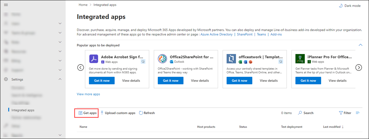 The Integrated apps page in the Microsoft 365 admin center where you click Get apps.