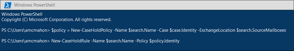 Example of using NewCaseHoldPolicy and NewCaseHoldRule cmdlets.