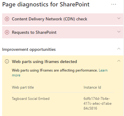 Page Diagnostics tool results.