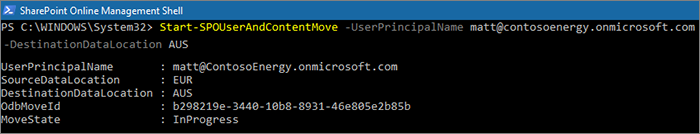 Screenshot of PowerShell window showing Start-SPOUserAndContentMove cmdlet.