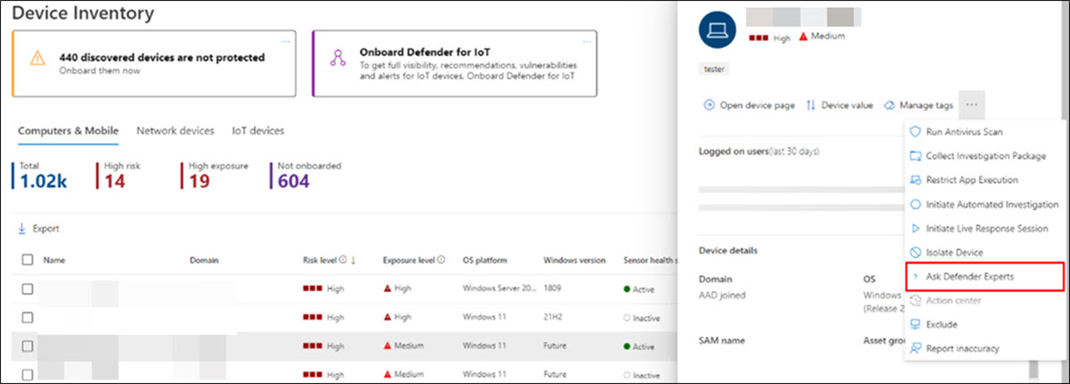 Screenshot of the Ask Defender Experts menu option in the Device inventory page flyout menu in the Microsoft Defender portal.