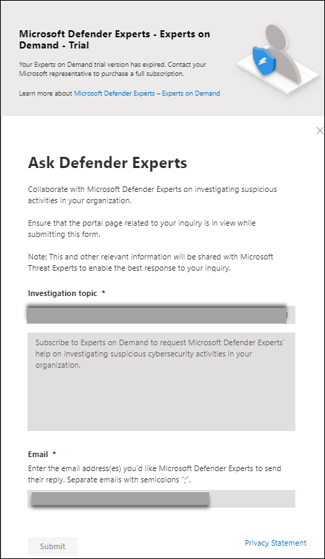 The Microsoft Ask Defender Experts trial subscription page