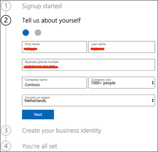 The Office 365 E5 trial registration setup page asking for name, phone, and company details