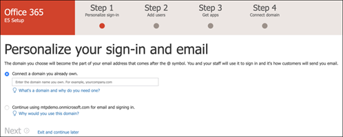 The Office 365 E5 Setup page where you should personalize your sign-in and email