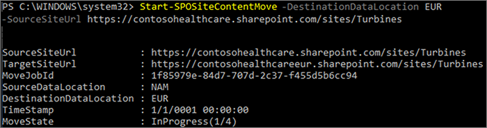 Screenshot of PowerShell window showing Start-SPOSiteContentMove cmdlet.