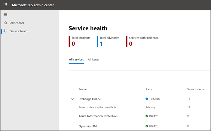 Screenshot that shows multi-tenant Service health page.