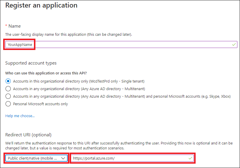 The application registration pane in the Azure portal