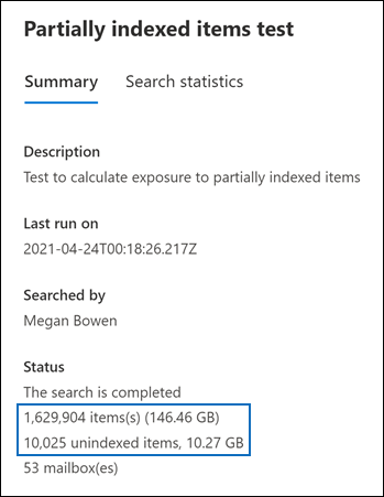 Example of search statistics showing partially indexed items.