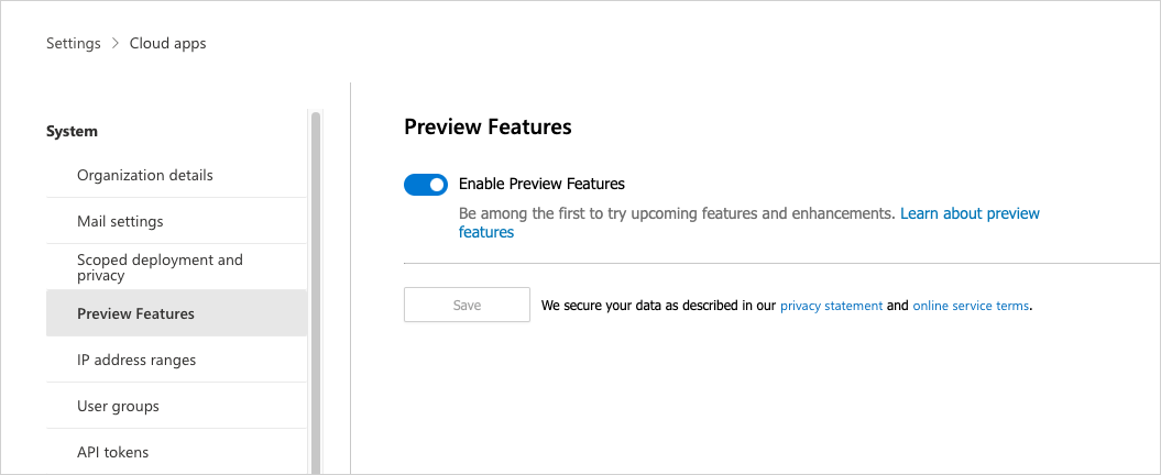 Screenshot that shows how to enable preview features.